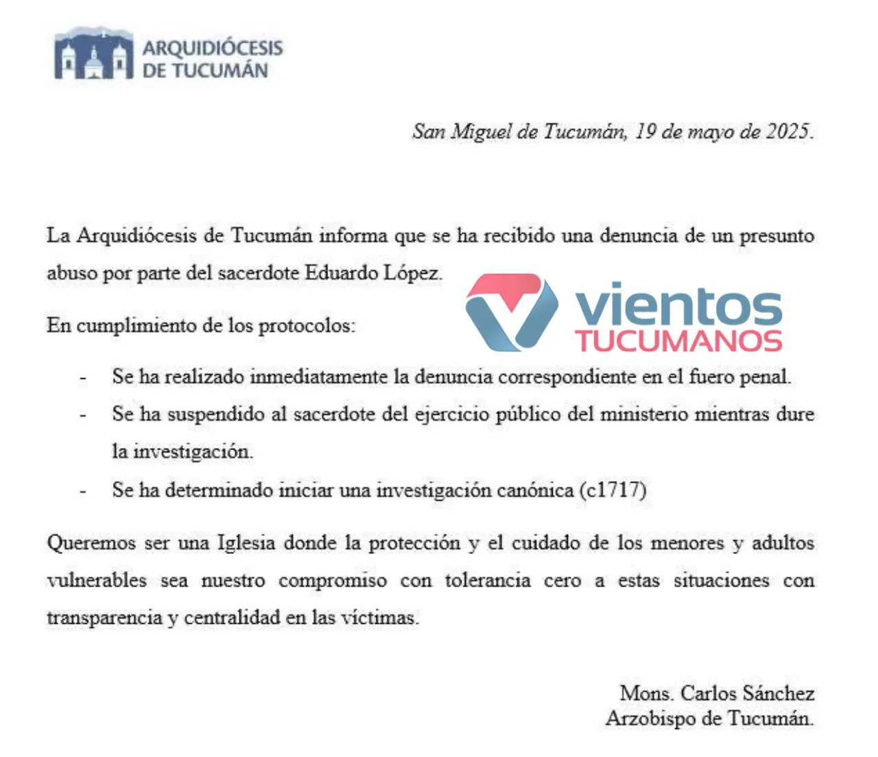 denuncia arzobispo